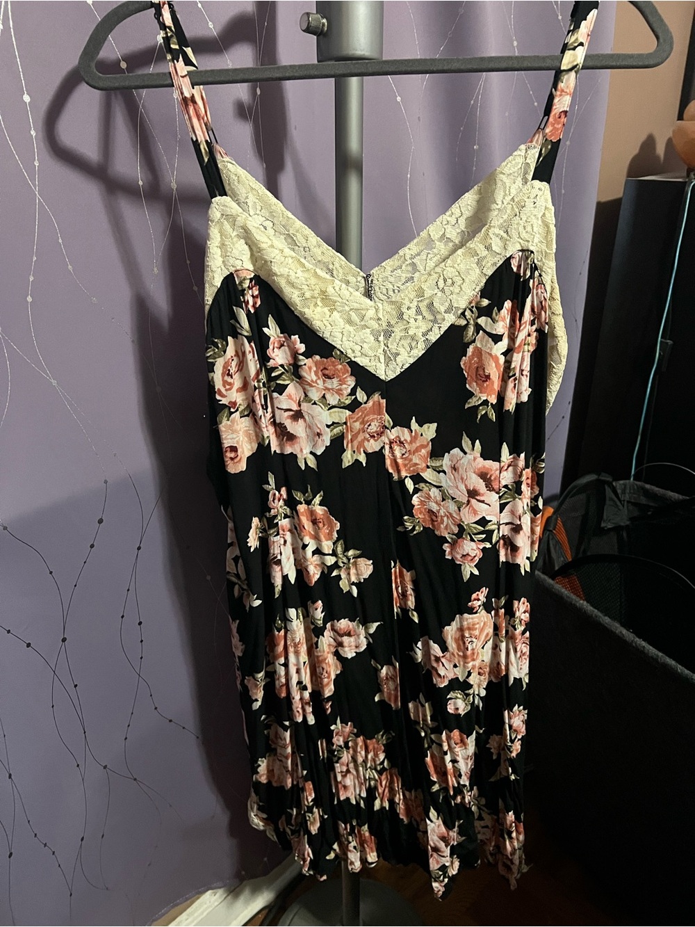 Forever 21 Plus Black Dress with Pink Floral Print and Cream Lace